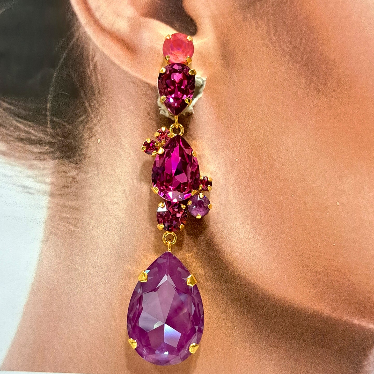 Boucles clips pendantes rose violine CREZUS