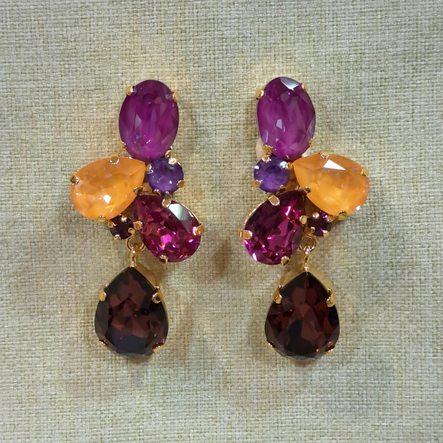 Boucles clips pendantes prune, rose et corail CREZUS