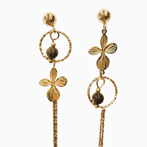 Boucles dépareillées percées Trèfle or marron MERVEILLES DU MONDE