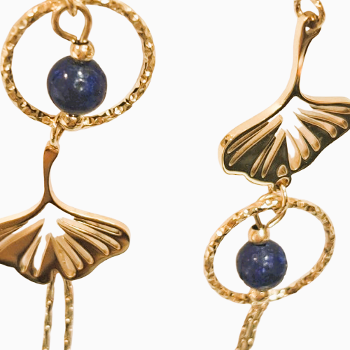 Boucles dépareillées percées Ginkgo or marine MERVEILLES DU MONDE