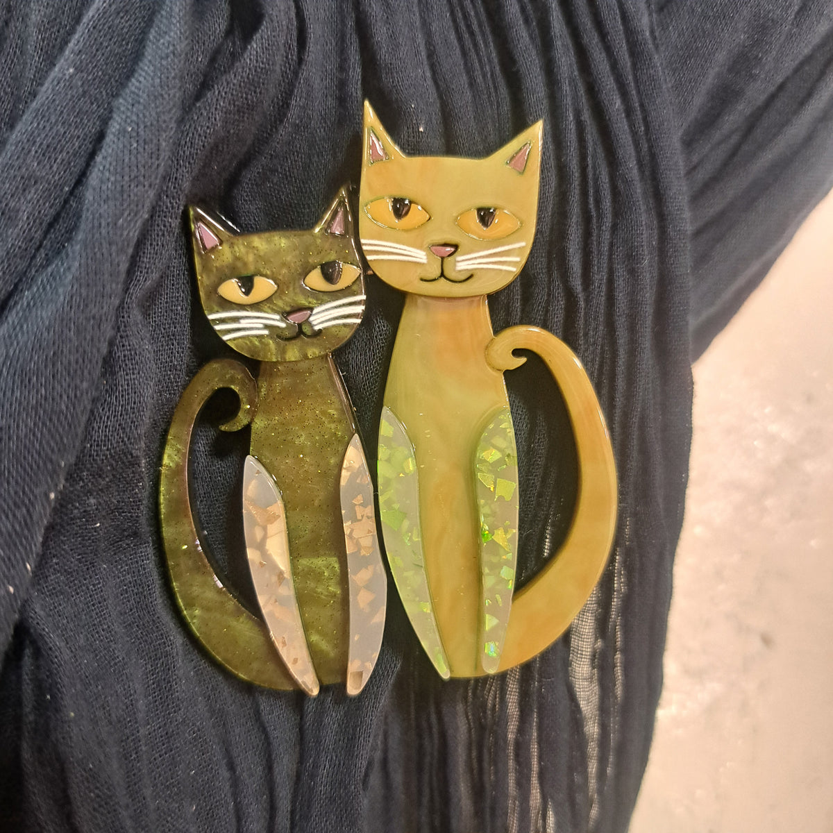 Broche Chats duo vert CLEDOR