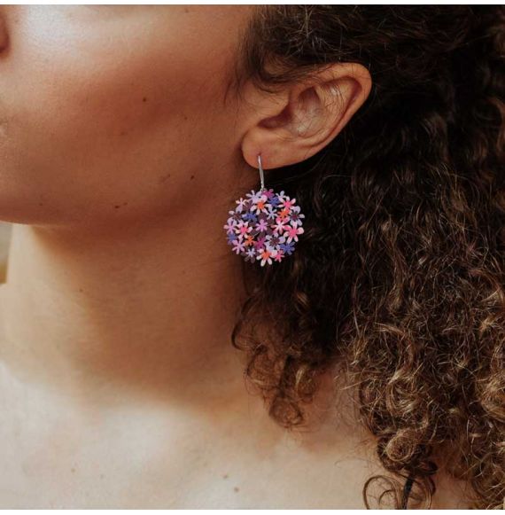 Boucles percées Bouquet rose parme argent RAS