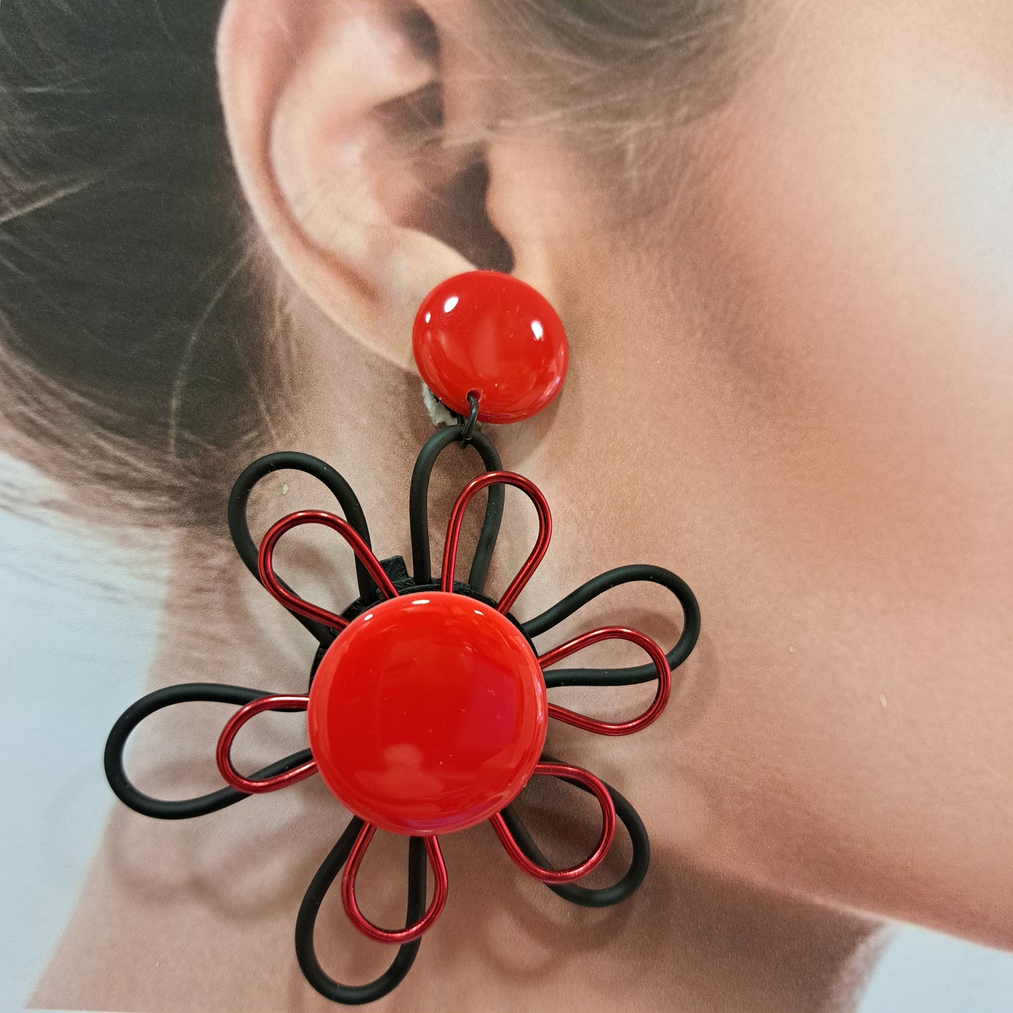 Boucles clips Fleur rouge et noir THIERRY JOO