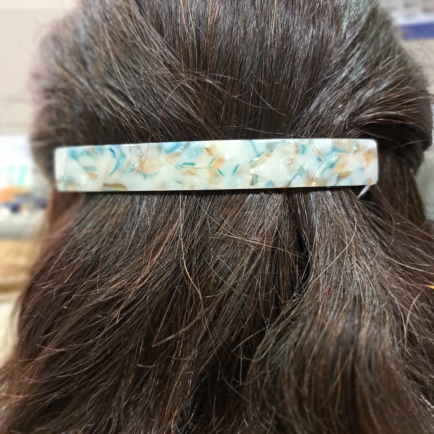 Barrette Rectangle longue bleu écru LES CLEIAS