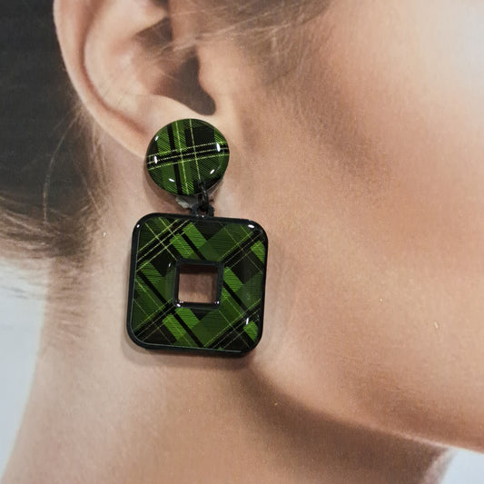 Boucles clips Carré écossais vert THIERRY JOO