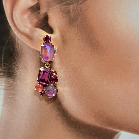 Boucles clips pendantes rose violine CREZUS