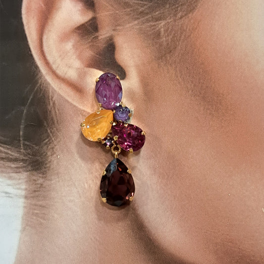Boucles clips pendantes prune, rose et corail CREZUS