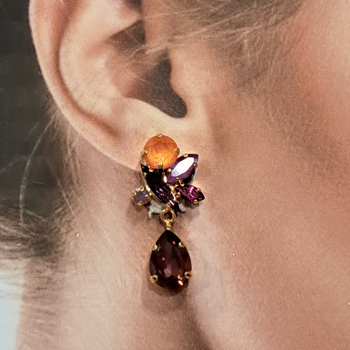 Boucles clips pendantes prune, rose corail CREZUS