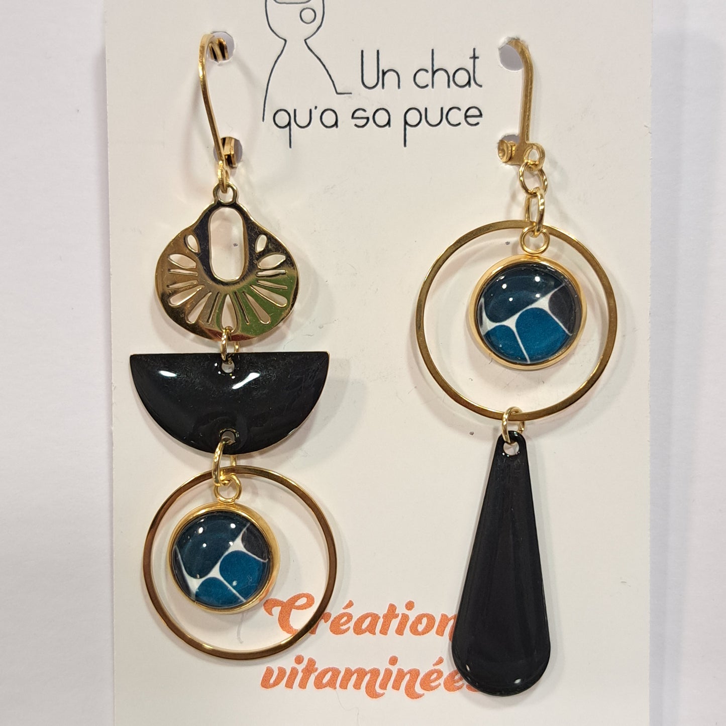 Boucles percées OTTAWA bleu noir or UN CHAT QU'A SA PUCE