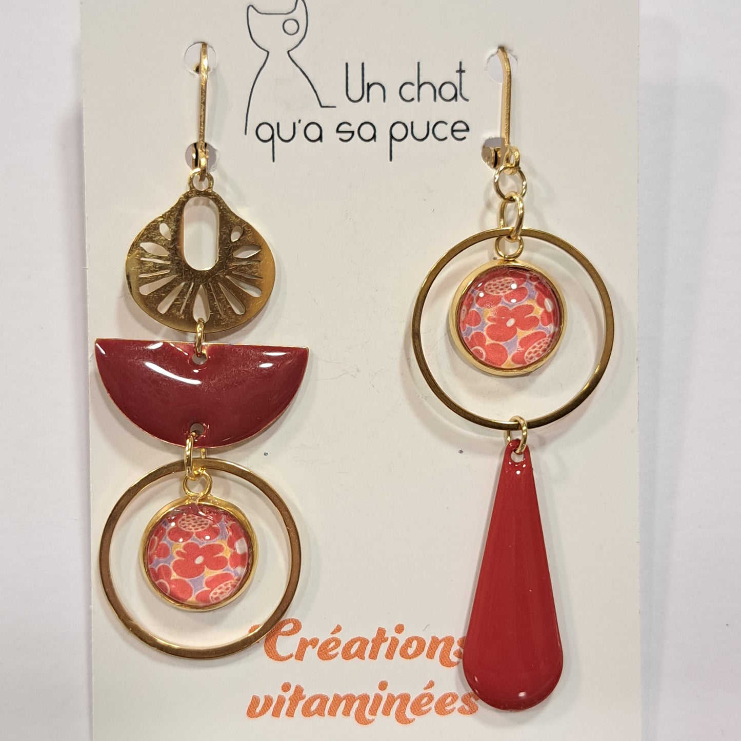 Boucles percées OTTAWA rouge or UN CHAT QU'A SA PUCE