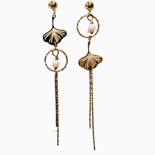 Boucles dépareillées percées Ginkgo or blanc MERVEILLES DU MONDE