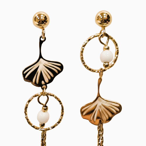 Boucles dépareillées percées Ginkgo or blanc MERVEILLES DU MONDE