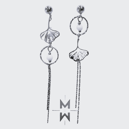 Boucles dépareillées percées Ginkgo argent blanc MERVEILLES DU MONDE