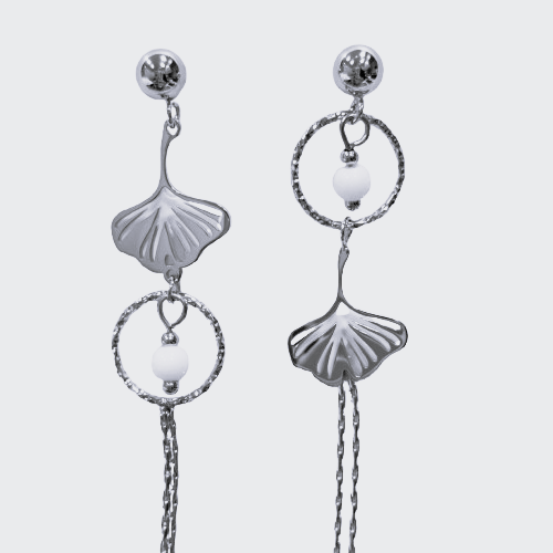Boucles dépareillées percées Ginkgo argent blanc MERVEILLES DU MONDE