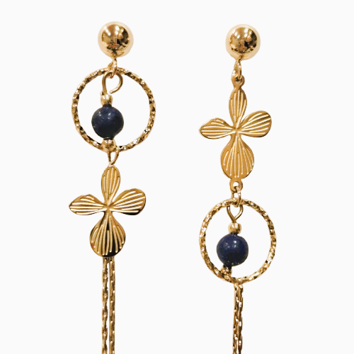 Boucles dépareillées percées Trèfle or bleu MERVEILLES DU MONDE