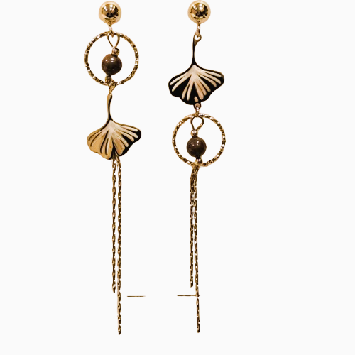 Boucles dépareillées percées Ginkgo or marron MERVEILLES DU MONDE