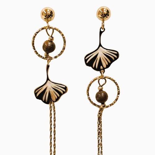 Boucles dépareillées percées Ginkgo or marron MERVEILLES DU MONDE