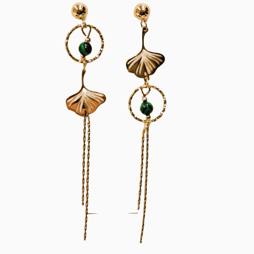 Boucles dépareillées percées Ginkgo or malachite MERVEILLES DU MONDE