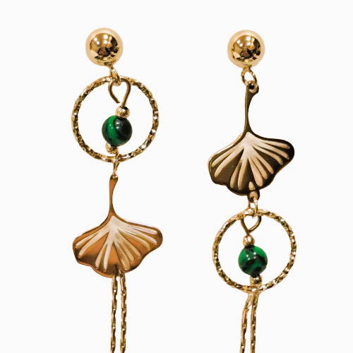 Boucles dépareillées percées Ginkgo or malachite MERVEILLES DU MONDE