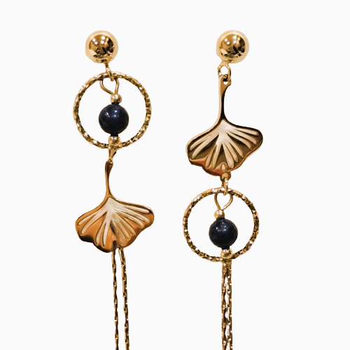 Boucles dépareillées percées Ginkgo or marine MERVEILLES DU MONDE