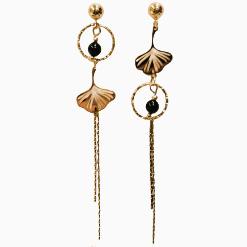 Boucles dépareillées percées Ginkgo or noir MERVEILLES DU MONDE