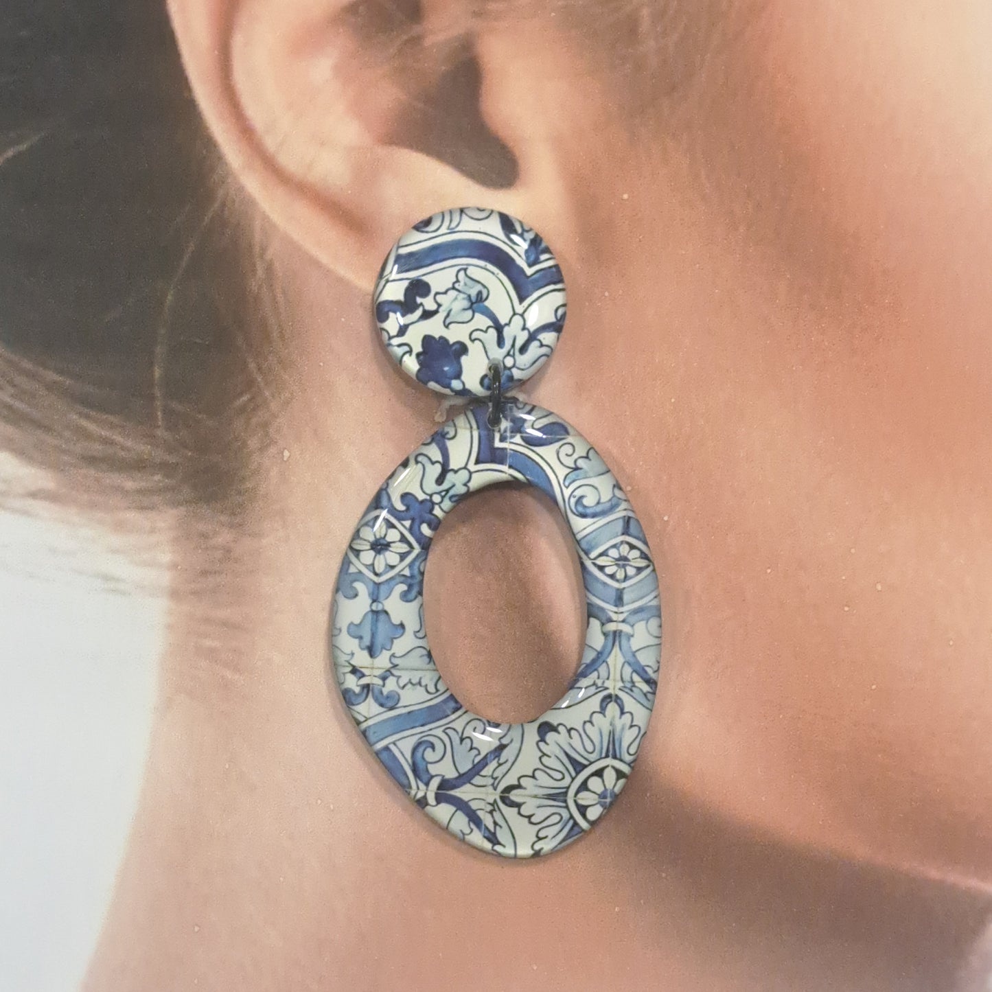 Boucles clips Ovale bleu Azulejos THIERRY JOO
