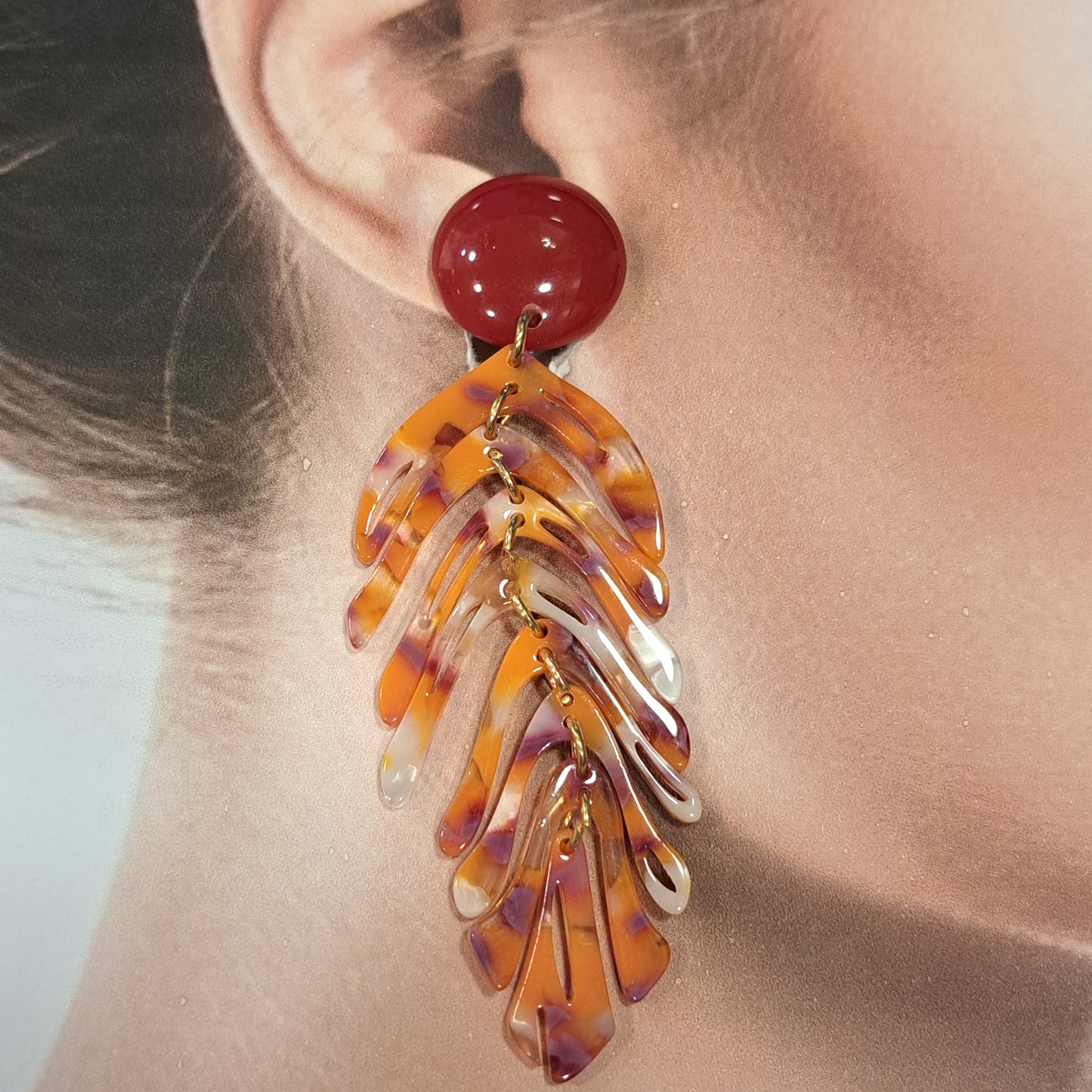 Boucles clips Feuille orange rouge rose NH