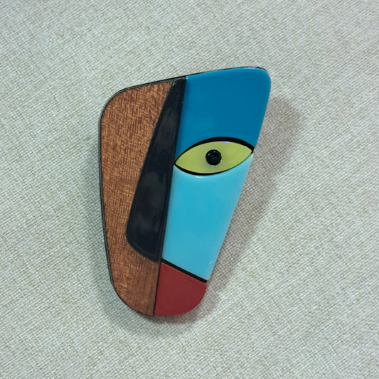 Broche Masque Visage bois bleu CLEDOR